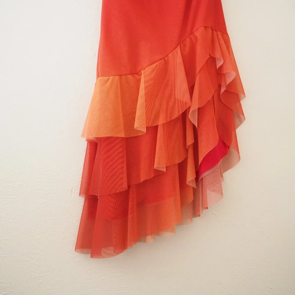 NWT Vintage Ema Savahl Orange Spaghetti Strap Mesh Tiered Ruffle Asymmetrical - Picture 3 of 7